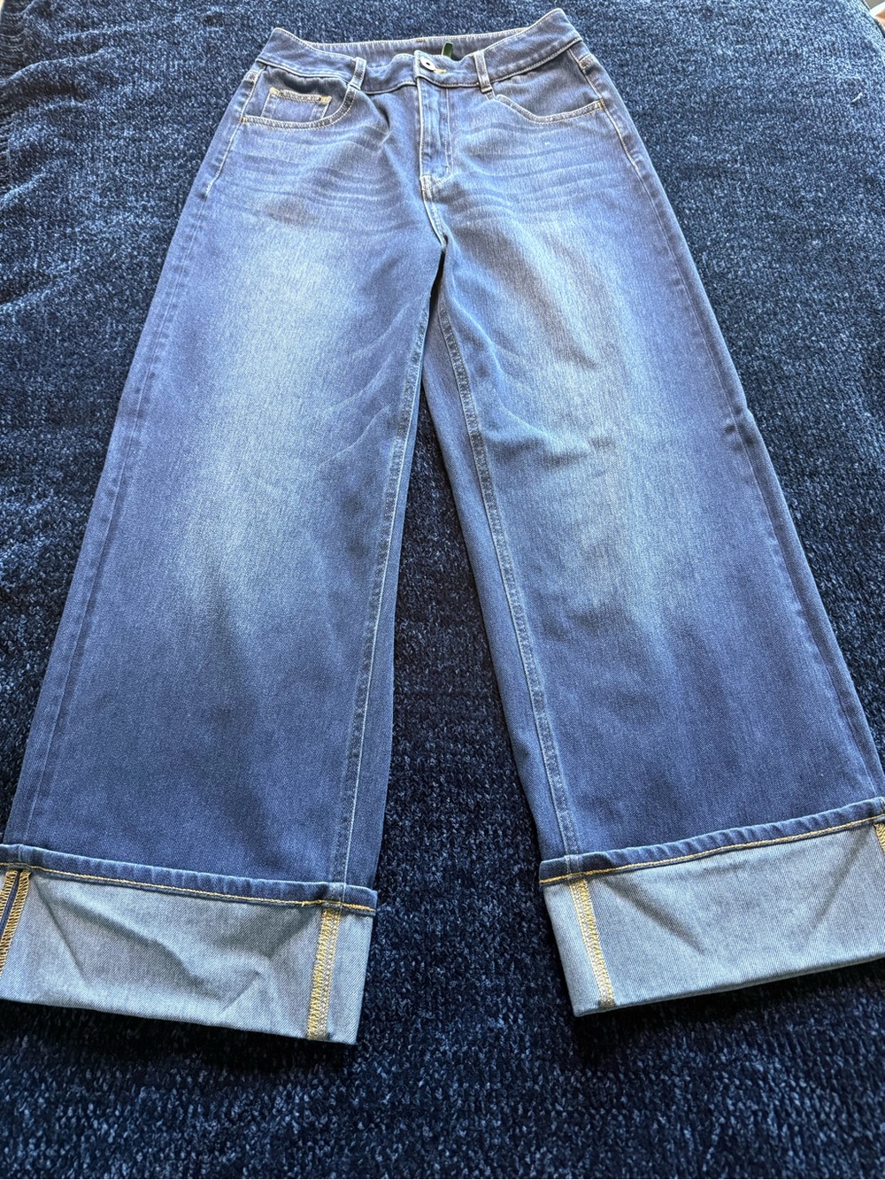 Halara Women’s S Wide Leg Cuffed Jeans High Rise Stretch Denim